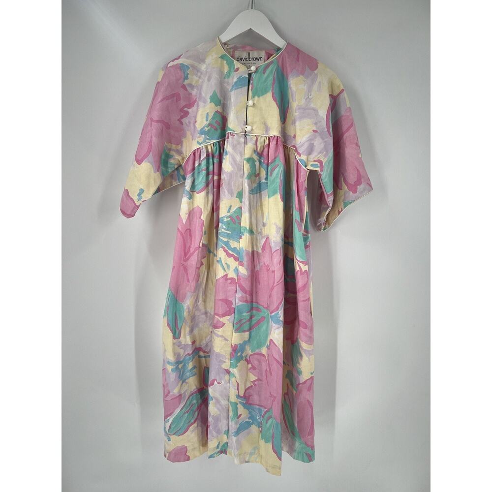 Vintage David Brown Nightgown Womens Small Pastel Pink Floral Maxi Kaftan Pleat